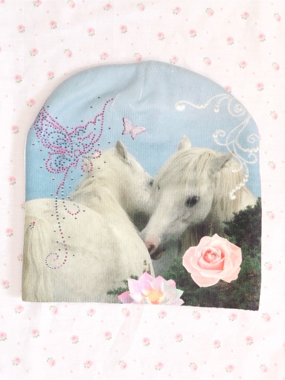 Y2K Horse Rhinestone Beanie Blue White Pink Embellished